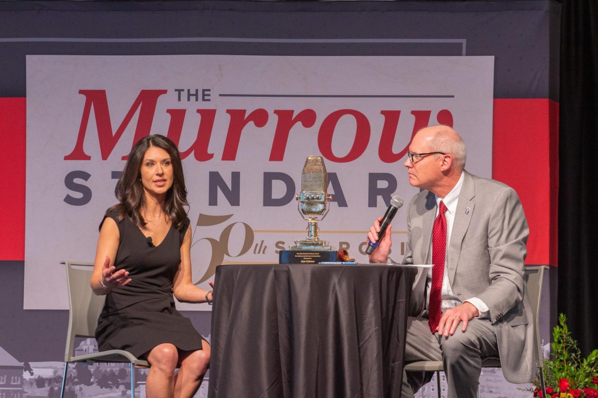 Murrow Lifetime Achievement Award recipient Ana Cabrera answers questions from WSU College of Communication Dean Bruce Pinkleton at Murrow Symposium 50, April 7, 2026.
