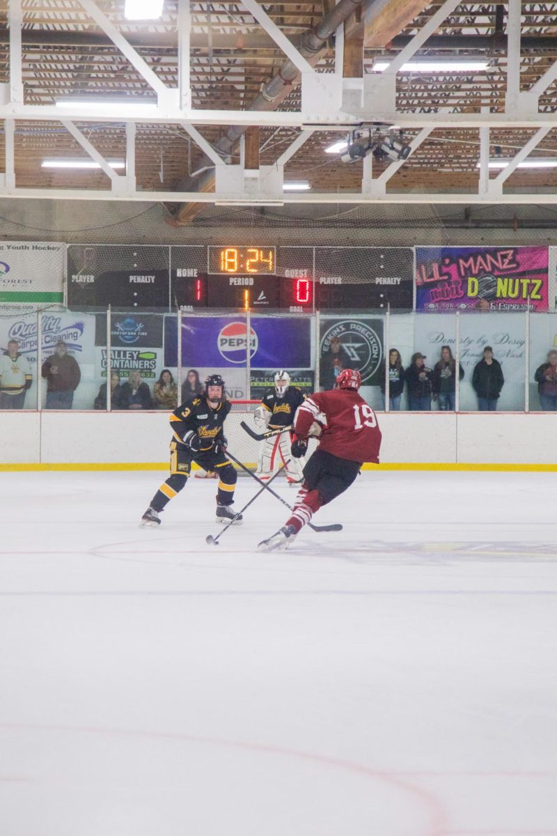 WSU Prospect Jacob Medrzycki moves the puck back down the ice during a scrimmage against University of Idaho, April 12, 2026.