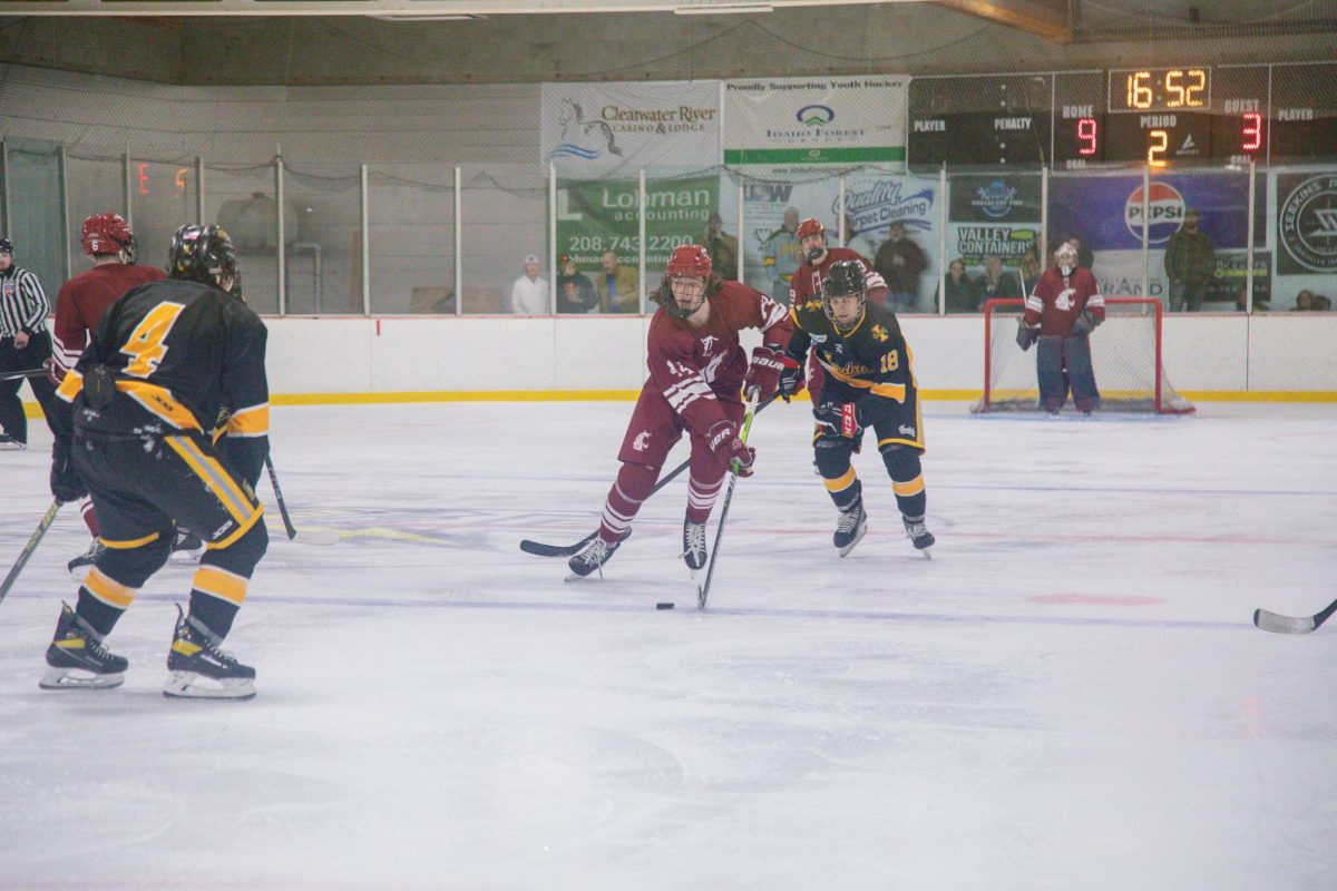 WSU Forward Aiden McKay skates down the ice during a scrimmage against University of Idaho, April 12, 2026.