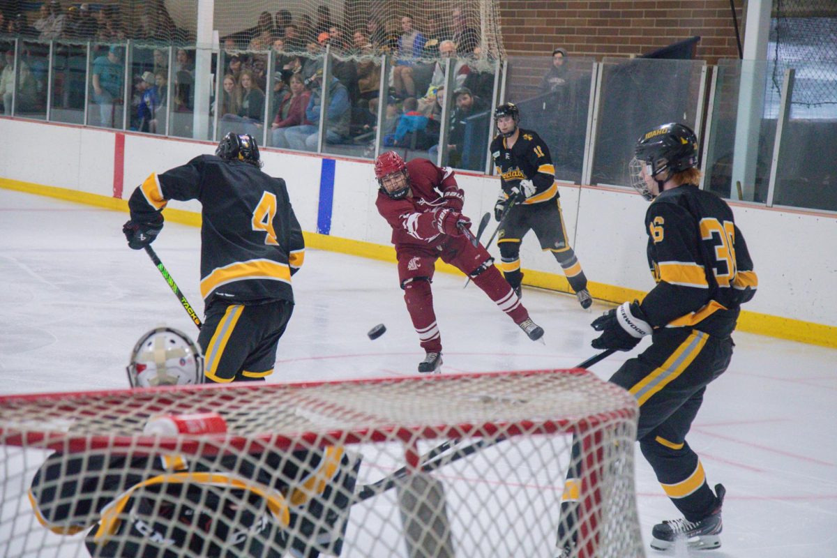 WSU player shoots on goal during a scrimmage against University of Idaho, April 12, 2026.