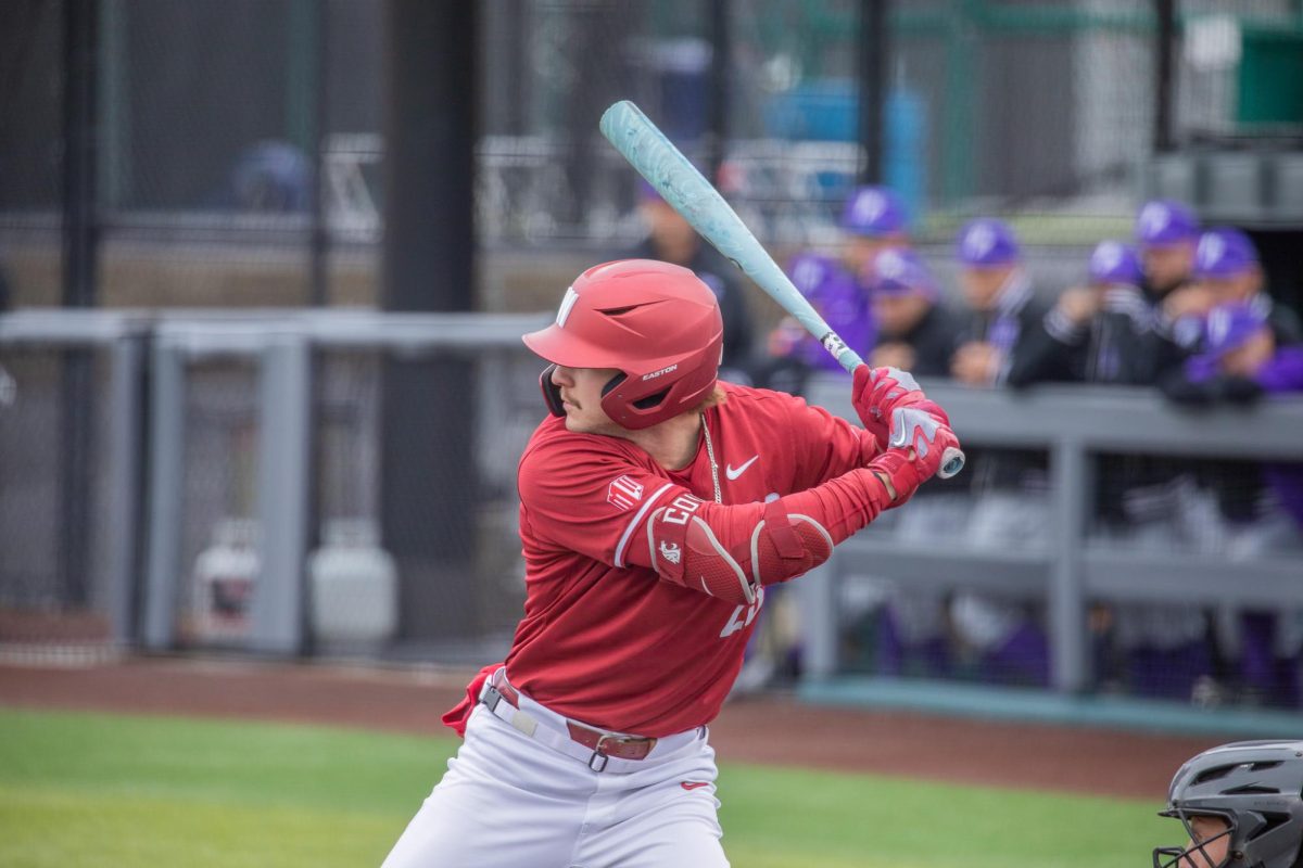 WSU Outfielder Max Hartman readies his swing against University of Portland, April 13, 2026.