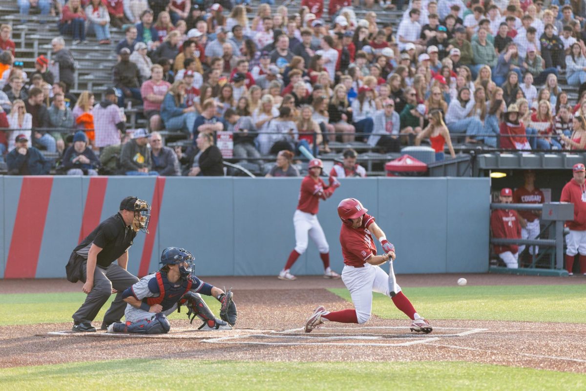 WSU Second Baseman Gavin Roy connects for a hit against Gonzaga University, April 21, 2026.
