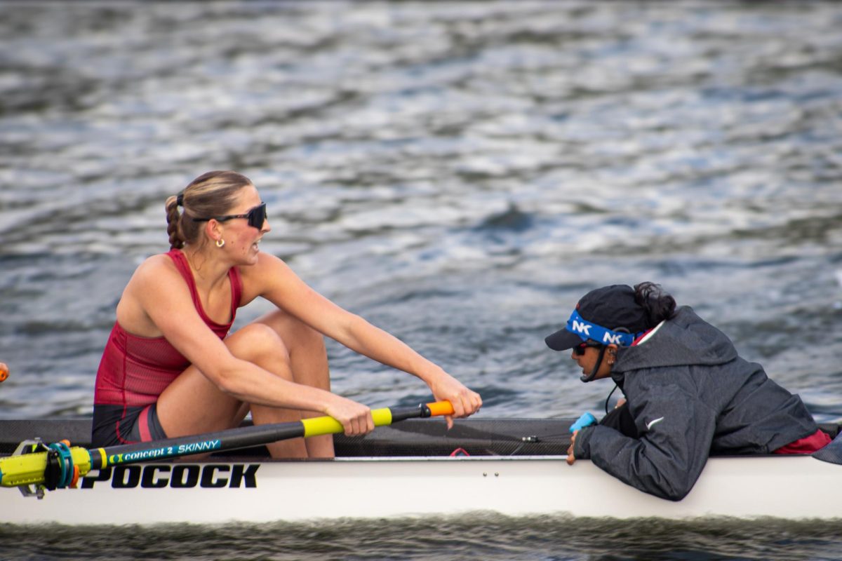 Coxswain Eesha Raj calls out commands to her stroke seat in the Fawley Cup at Wawawai Landing on April 11, 2026.