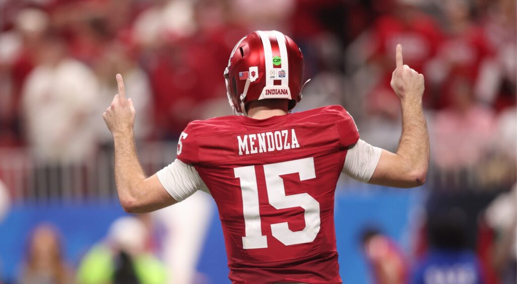 Fernando Mendoza pointing to the sky during a game with the Indiana Hoosiers during the 2026 season (Courtesy of Total Pro Sports). 