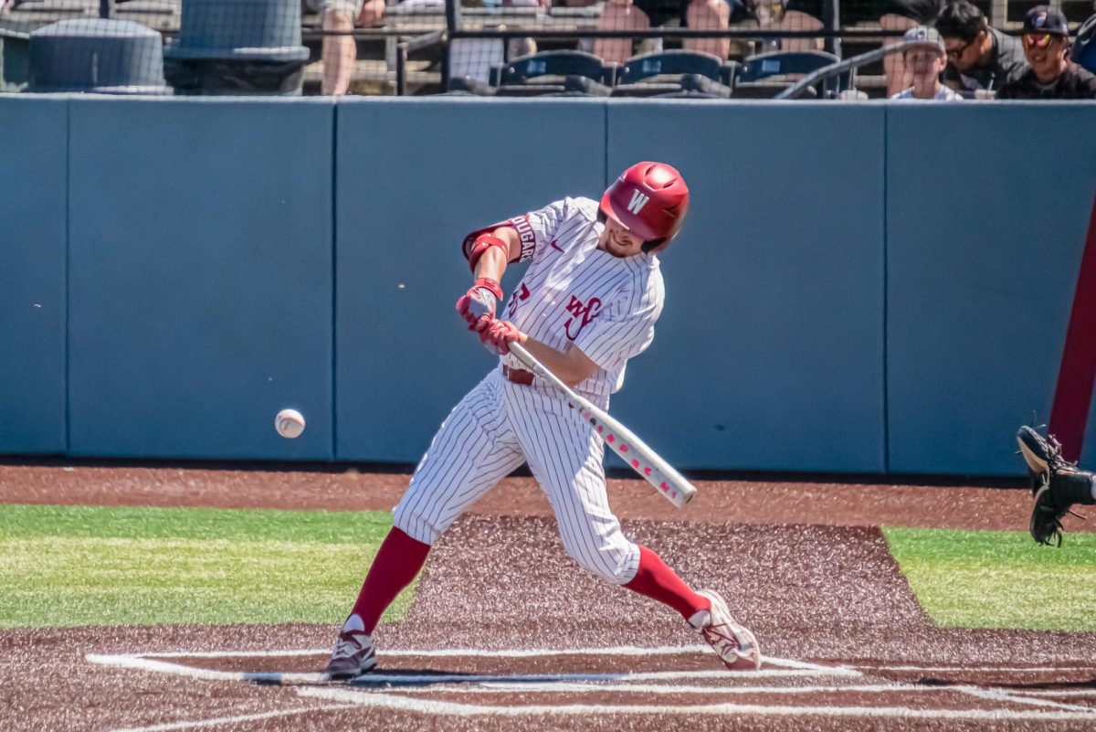 WSU Catcher Noah Thein takes a swing against Fresno State University baseball, May 3, 2026.
