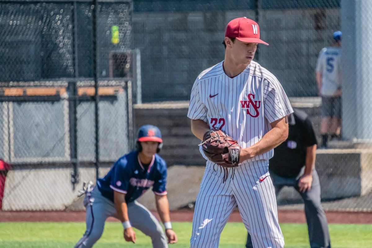 WSU Right-handed Pitcher Luke Meyers prepares to throw against Fresno State University baseball, May 3, 2026.
