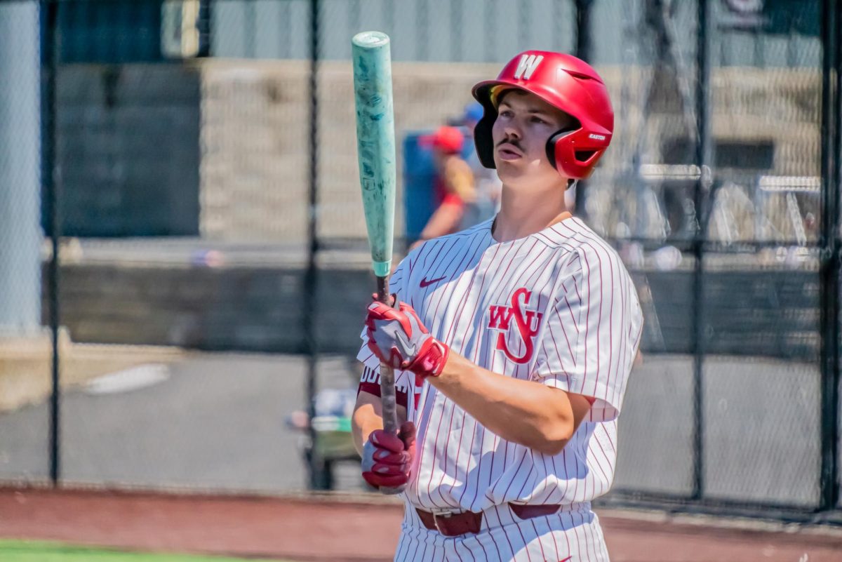 WSU First Baseman Ryan Skjonsby getting ready to bat against Fresno State University baseball, May 3, 2026.

