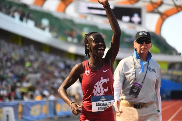 Rosemary Longisa celebrates at the 2026 NCAA National Championship on Saturday June 13 2026 (Courtesy of Paul Merca for WSU Athletics). 